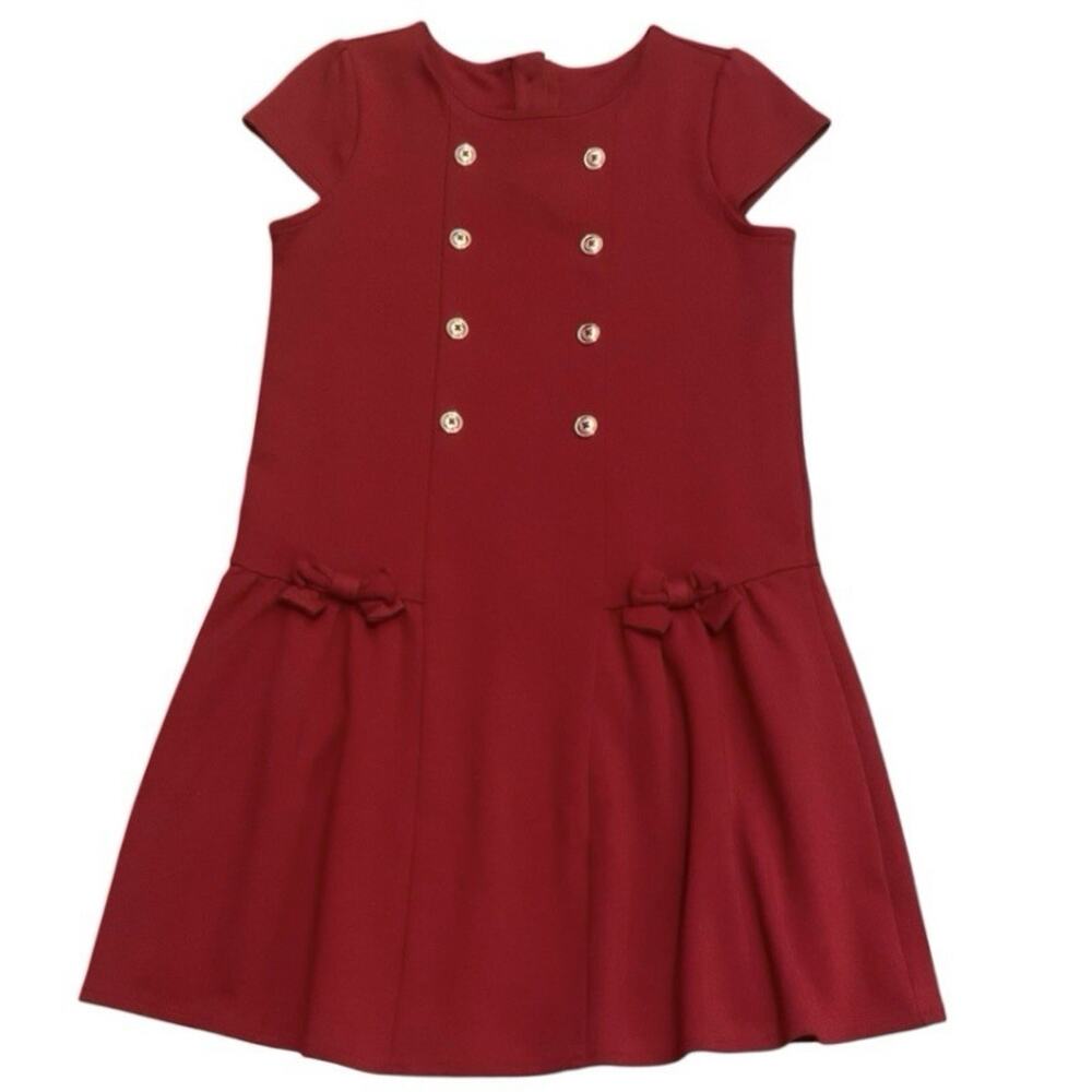 Gymboree Girls 10 Red Dress Gold Button Nautical Preppy Drop Waist Bow